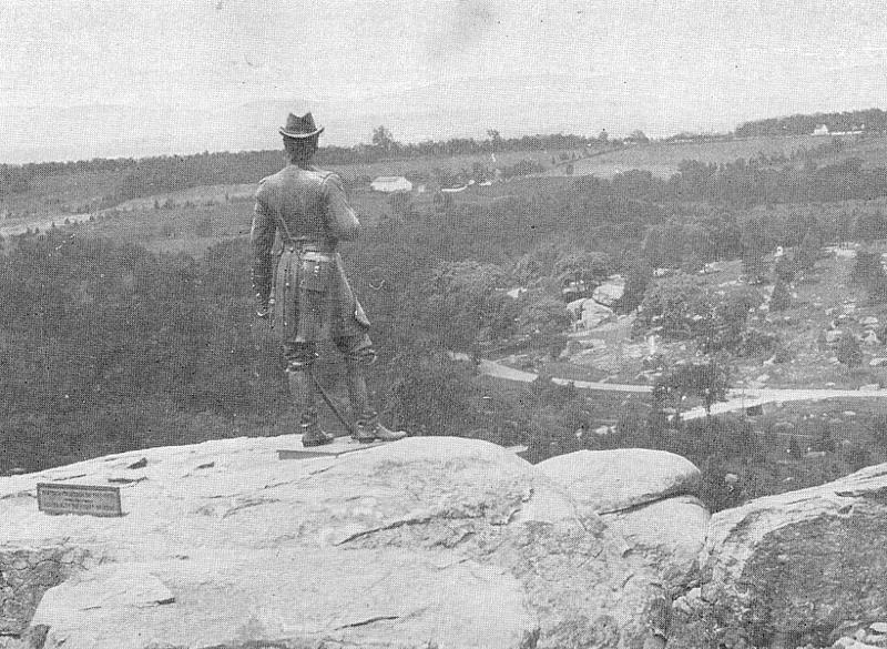 The Valley of Death and Devil's Den as viewed from the statue to General Warren on Little Round Top, 1910.